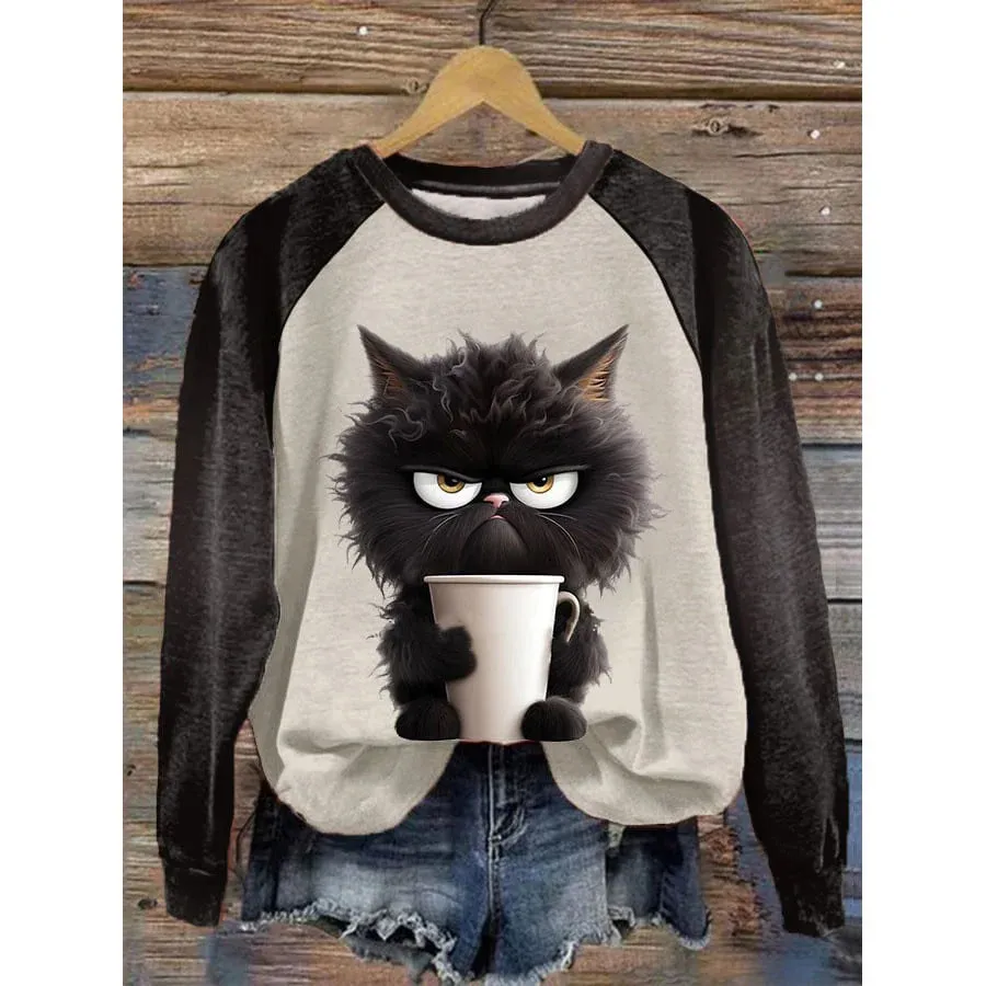 Women's Clothing 3D Digital Printing Long Sleeve Raglan Round Neck Women's Sweater - Style 24-Xl