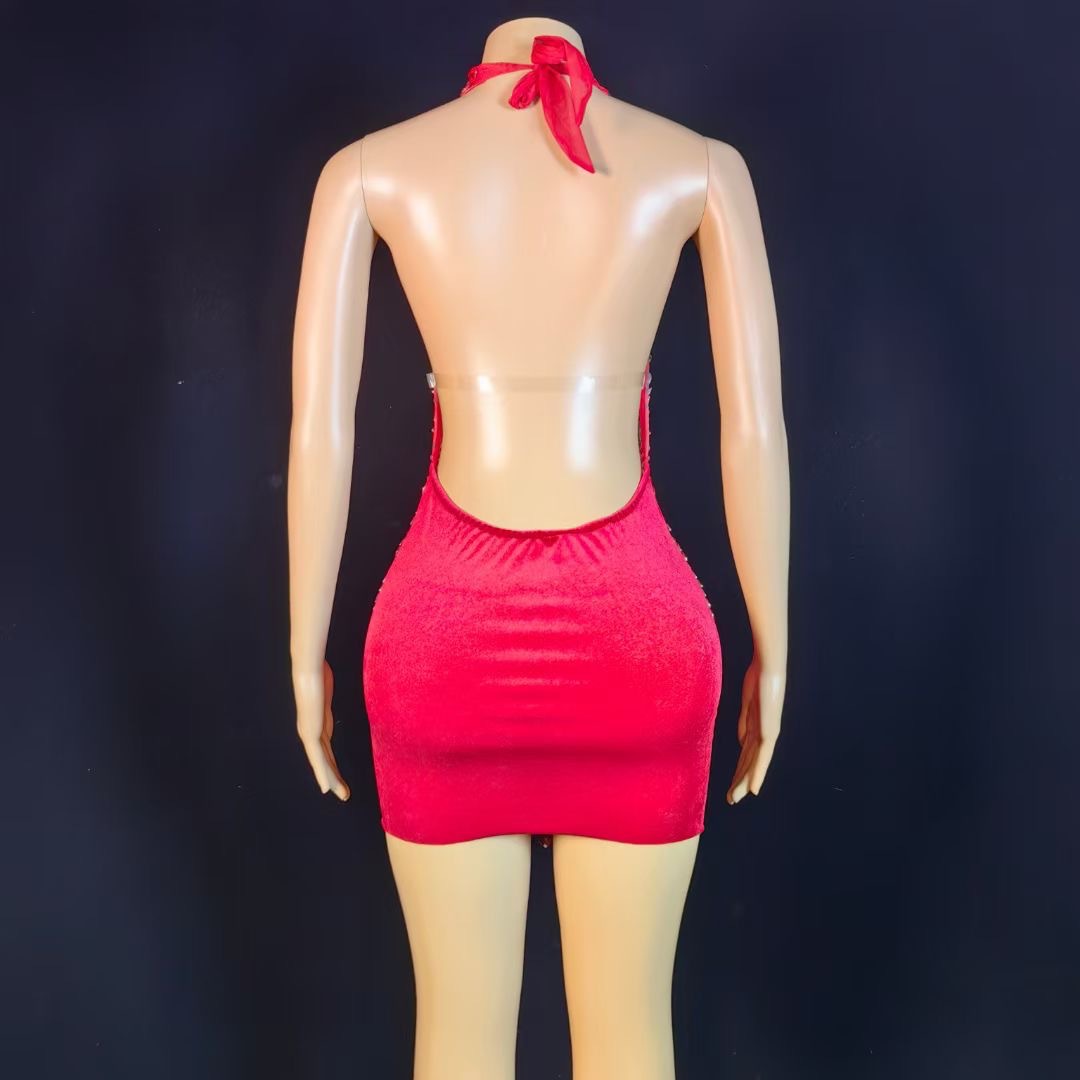 Women's Rhinestone Sexy Halter Backless Miniskirt