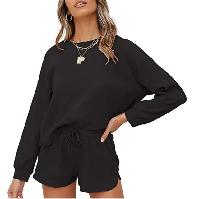 Round Neck Homewear Casual Long Sleeve Drawstring Suit Black - Shop at LoveMi