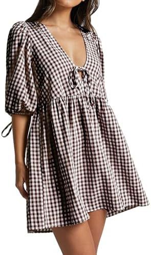 Women's Fashion V neck Lace up Plaid Dress Brown White - Shop at LoveMi