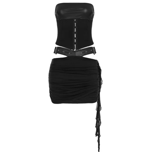 Lace up Tube Top Top Leather Hollow Out Wrist Hanging Package Hip Skirt Suit Black - Shop at LoveMi
