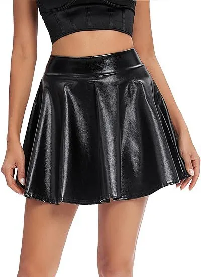 Women's Fashion High Waist Mini Glossy Stretch Flare Skirt Black - Shop at LoveMi
