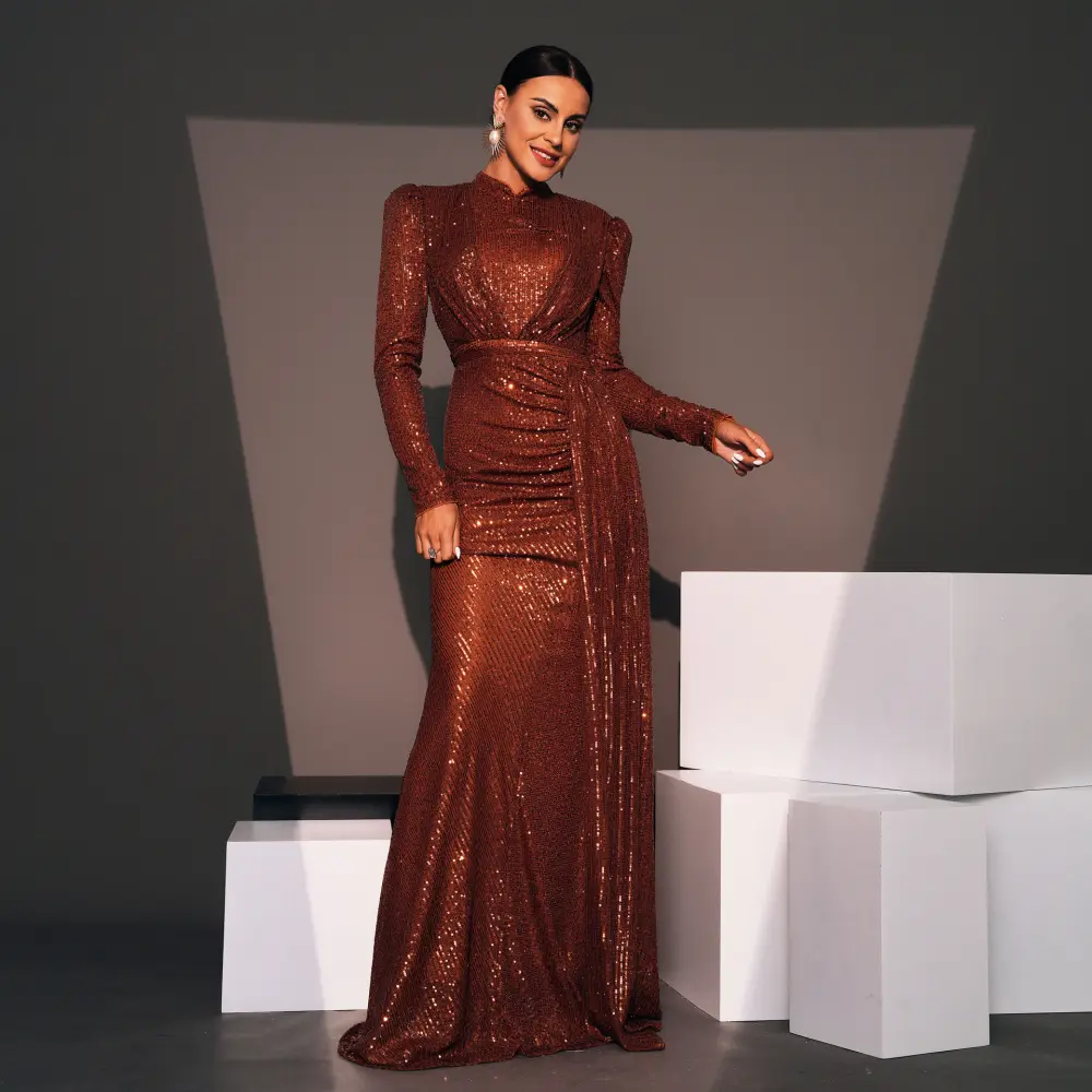 Long Sleeve Round Neck Sexy Slim Sequined Banquet Dress