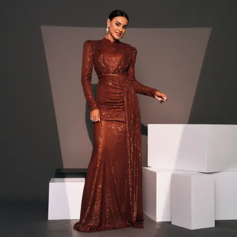 Long Sleeve Round Neck Sexy Slim Sequined Banquet Dress