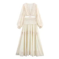 French Fashion Design Heavy Industry Deep V French Style Stitching Lace Long Dress - Light Yellow - View 1