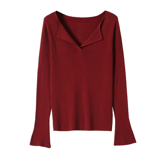 Lapel Knitwear Silk Wool Plush Machine Washable Base All matching Sweater Burgundy Red - Shop at LoveMi