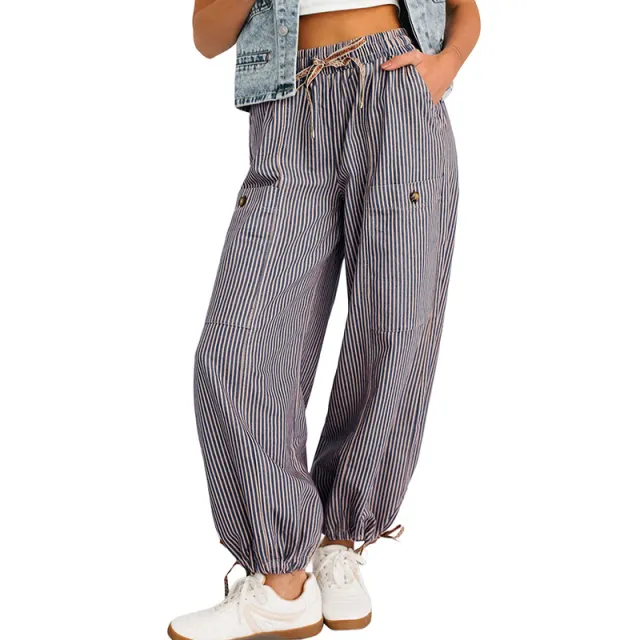 New High waisted Casual Striped Print Tie Straight Pants Khaki - Shop at LoveMi