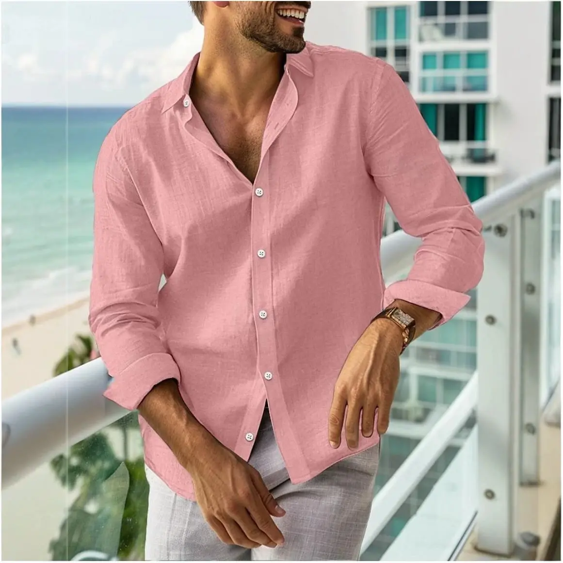 Summer Shirt, Button-down Long Sleeves, Solid Color