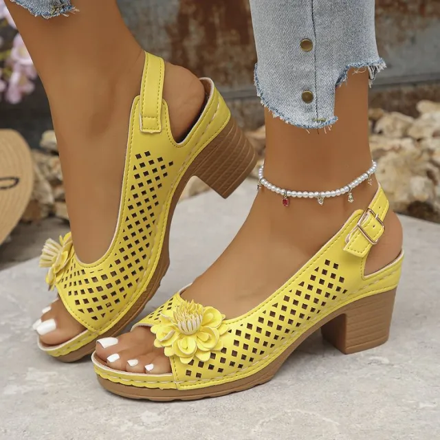 Plus Size Flower Casual Buckle Solid Color High Heel Sandals Yellow - Shop at LoveMi
