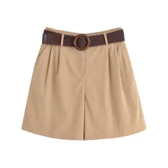 Elegant Lapel Short-sleeved Shirt With Belt Loose Pleated Shorts - Khaki Pants - View 1