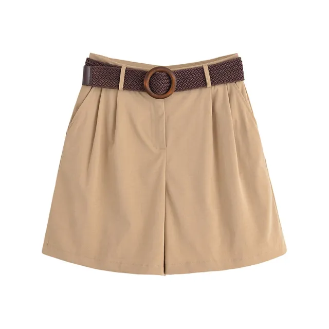 Elegant Lapel Short sleeved Shirt With Belt Loose Pleated Shorts Khaki Pants - Shop at LoveMi