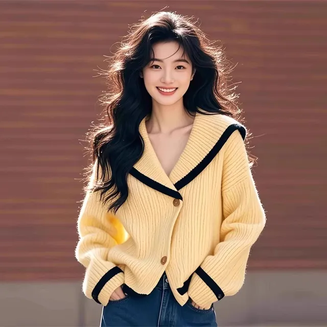 V neck Loose Long Sleeve Knitted Outerwear Lazy Sweater Yellow - Shop at LoveMi