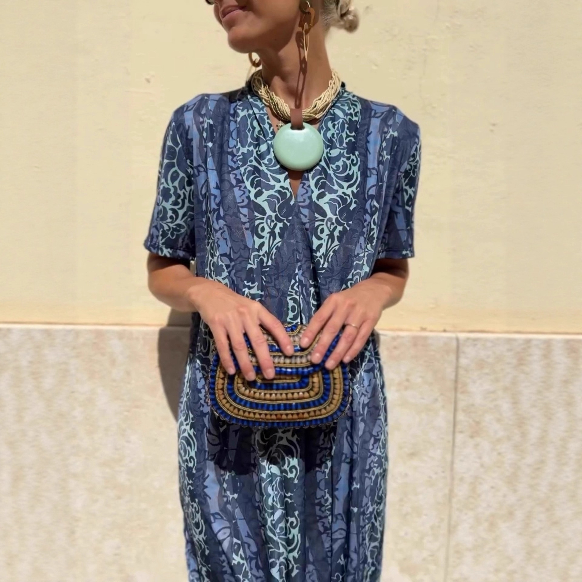 Women's Ethnic Print Loose Short Sleeve Dress Navy Blue - Shop at LoveMi