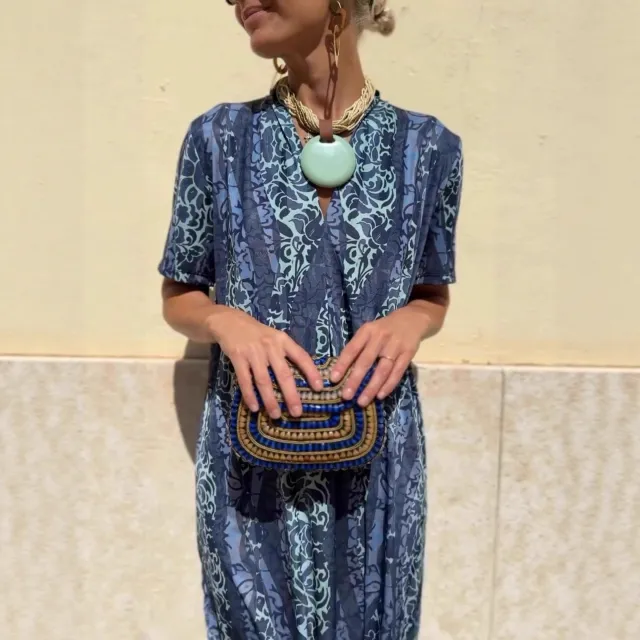 Women's Ethnic Print Loose Short Sleeve Dress Navy Blue - Shop at LoveMi