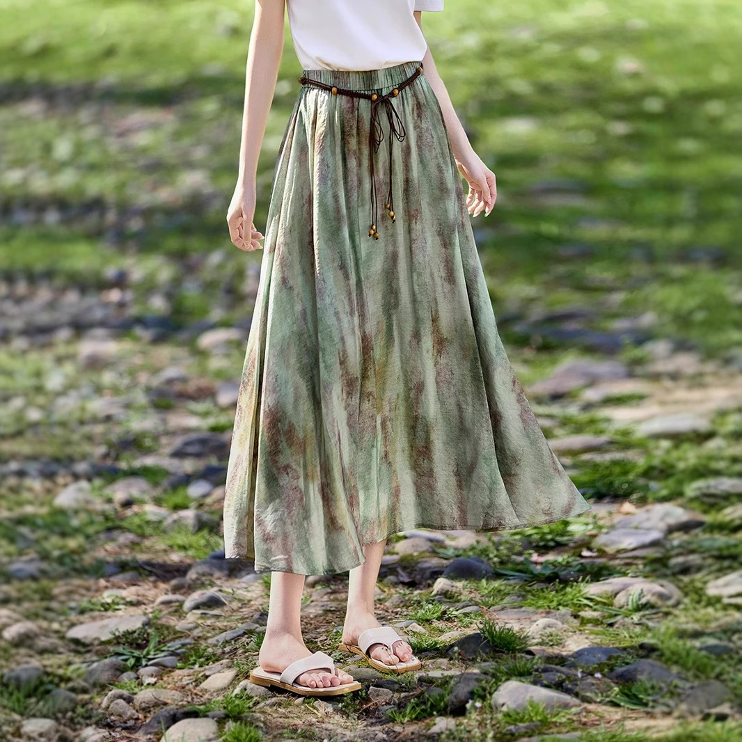 Womens Summer Ink Wash Style Gradient Print Skirt