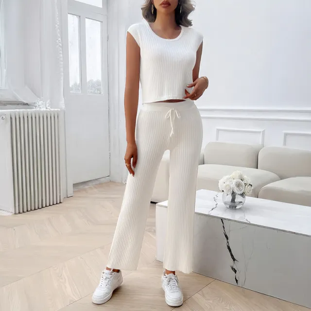 Casual Slim fit Solid Color Woolen Sleeveless Bm Top Cropped Pants Set White - Shop at LoveMi