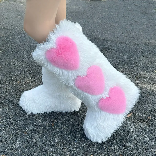 Flat Long Fur Boots Women's Fleece lined Thick Waterproof Warm Love Snow Boots White - Shop at LoveMi