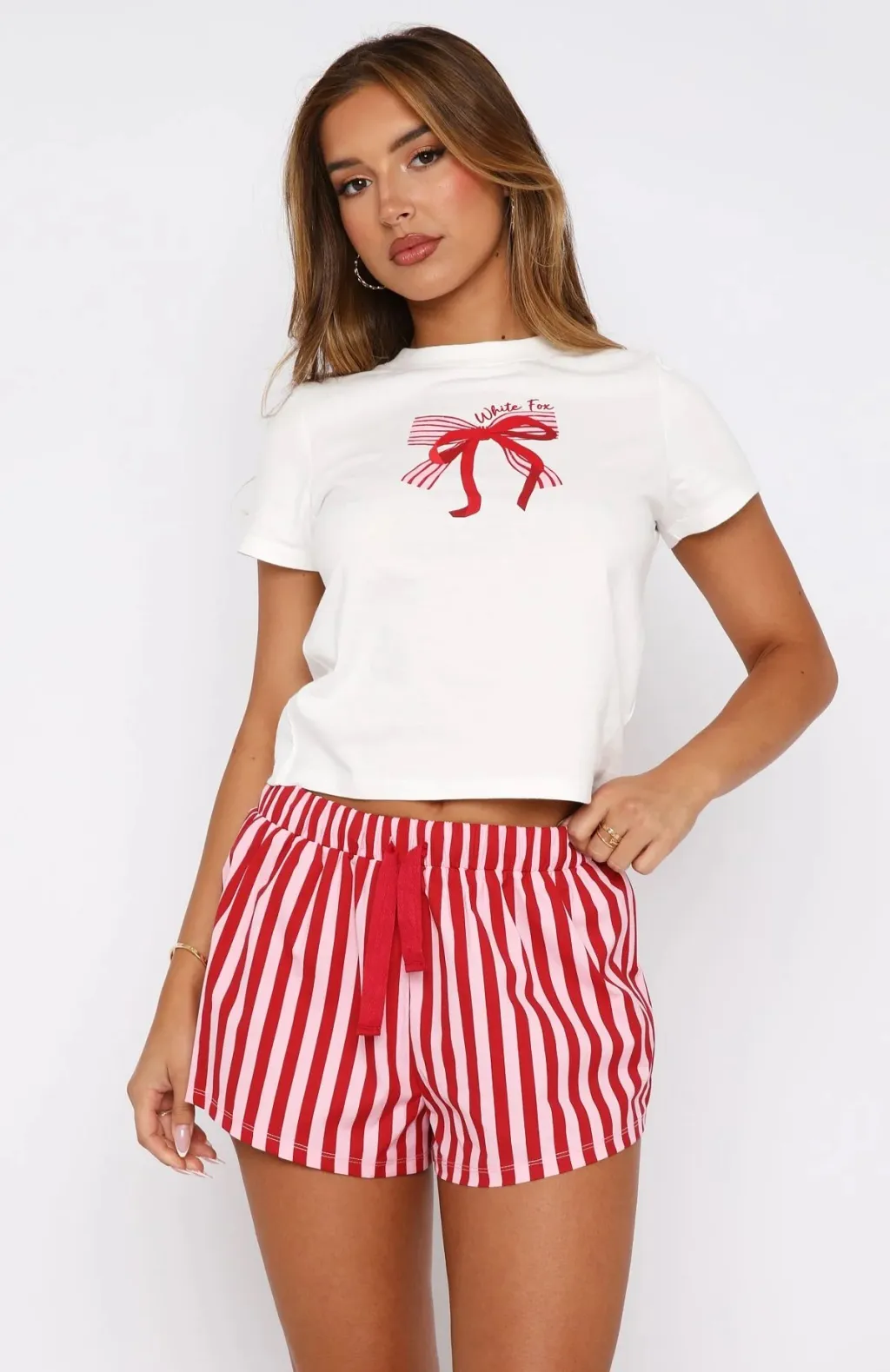Women's Short-sleeved Shorts Sweetheart Pajamas Printing Suit - Vertical Ribbon-L