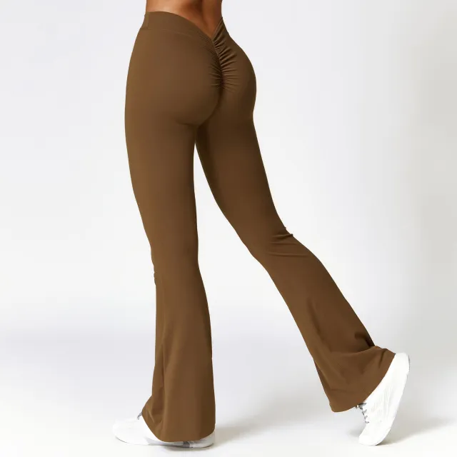 High waist Quick drying Fitness Sports Wide Legs Bootcut Trousers Birch Tea Brown - Shop at LoveMi