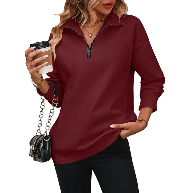 Half Long sleeve Zipper Sweatshirt Y2g Fashion Pullover Fleece Sweater Wine Red - Shop at LoveMi