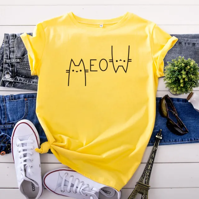 Creative Casual Cat Letter Cotton Short sleeved T shirt Women's Clothing Yellow Black Picture - Shop at LoveMi