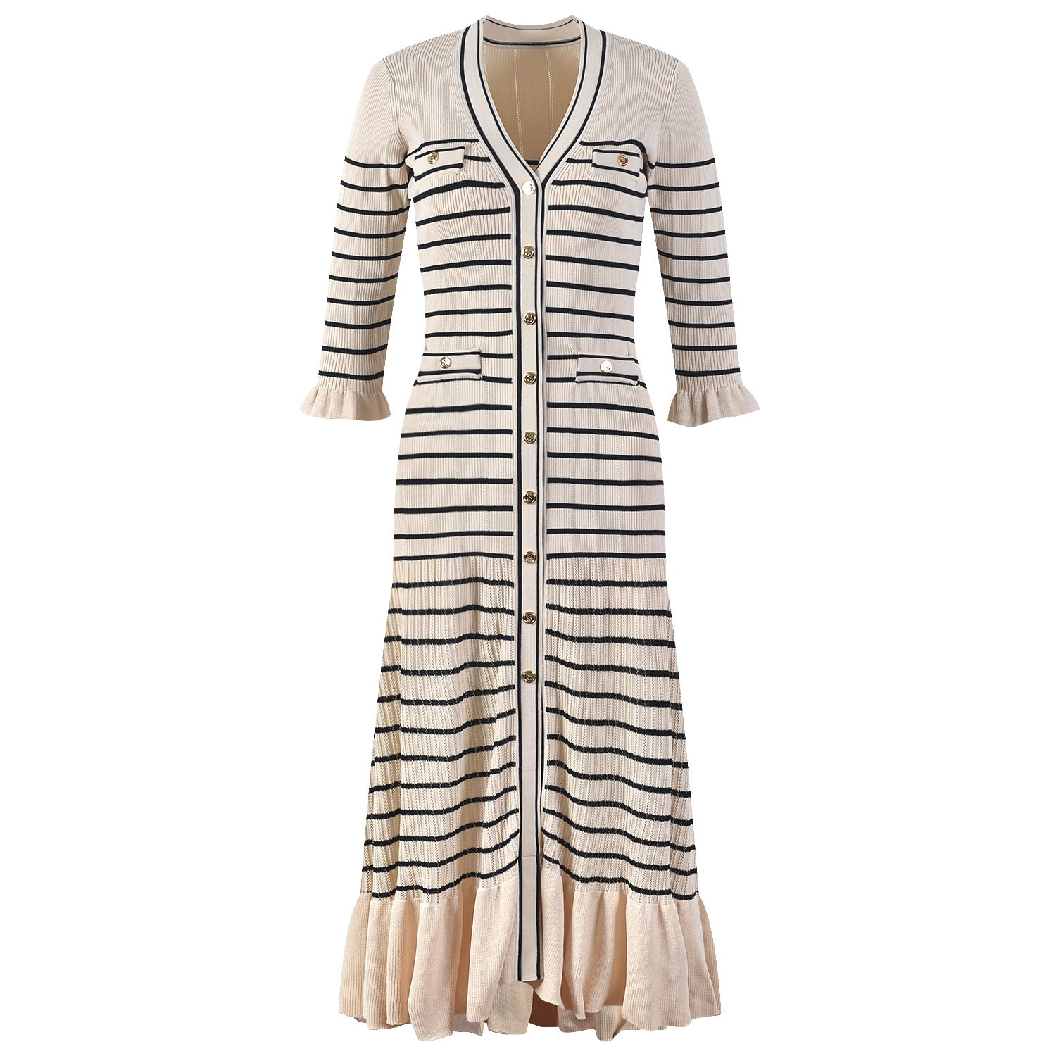 Striped V-Neck Knitted Dress
