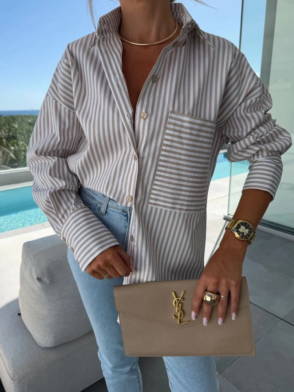 Spring Summer Long Sleeve Lapel Shirt Striped Print Lapel Shirt With Irregular Hem Button Placket Casual Loose Women's Blouses - Khaki