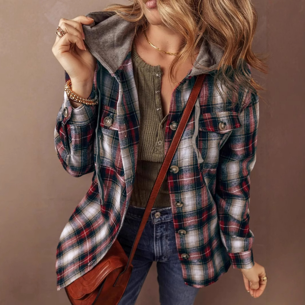 Printed Checkered Chest Pocket Button Hooded Jacket