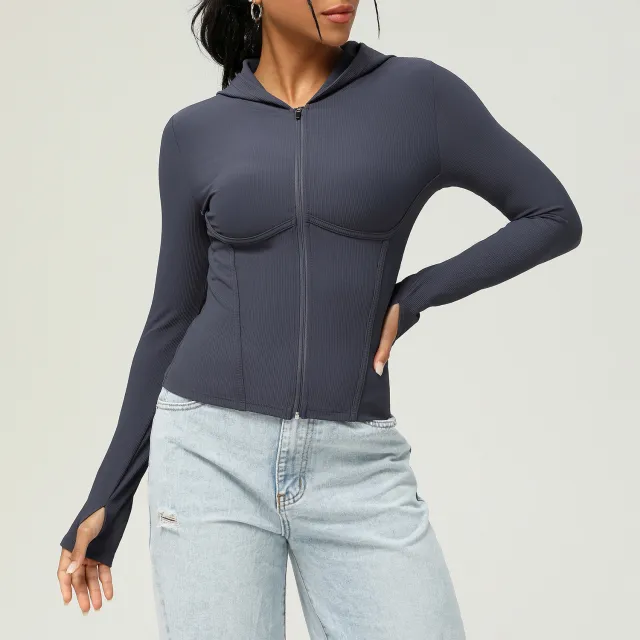 Hooded Sports Jacket Long sleeved Fallwinter Yoga Wear Silver - Shop at LoveMi