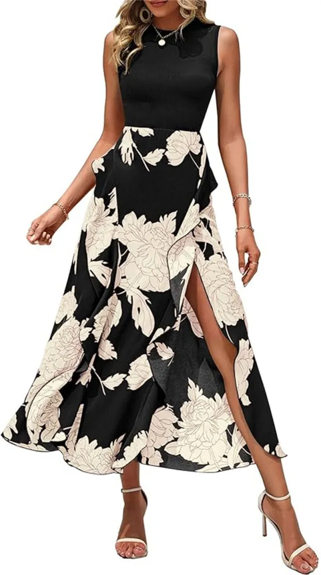 Printed Elegant Sleeveless Long Dress Women Black - Shop at LoveMi