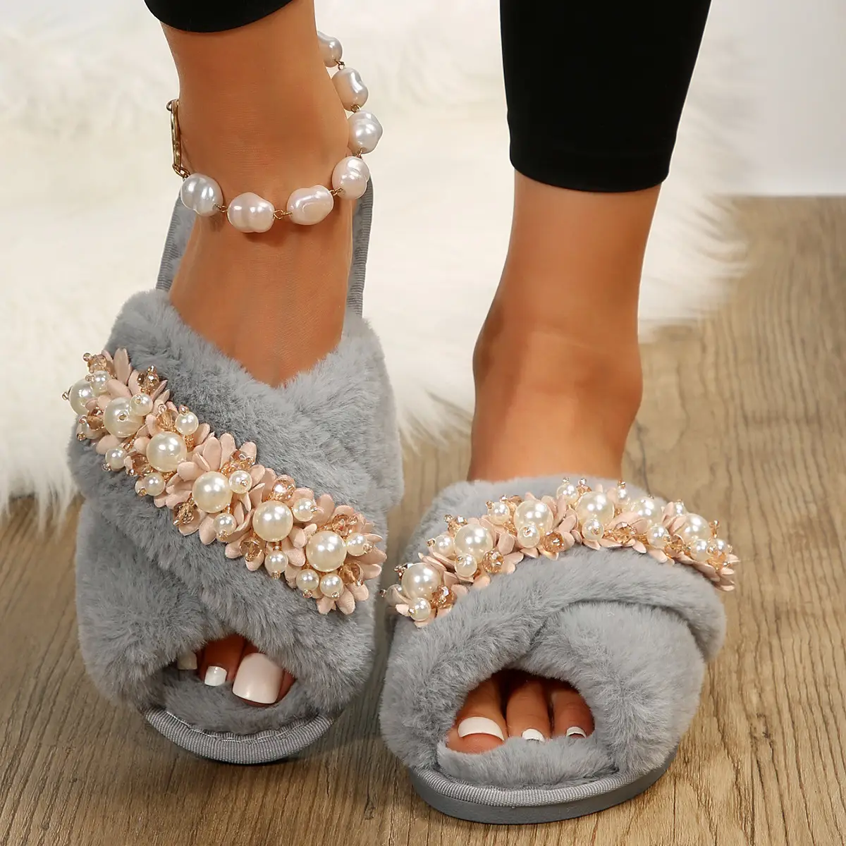 Cross Fur Slipper Pearl Advanced European And American Korean Style Home Plus Size Flowers