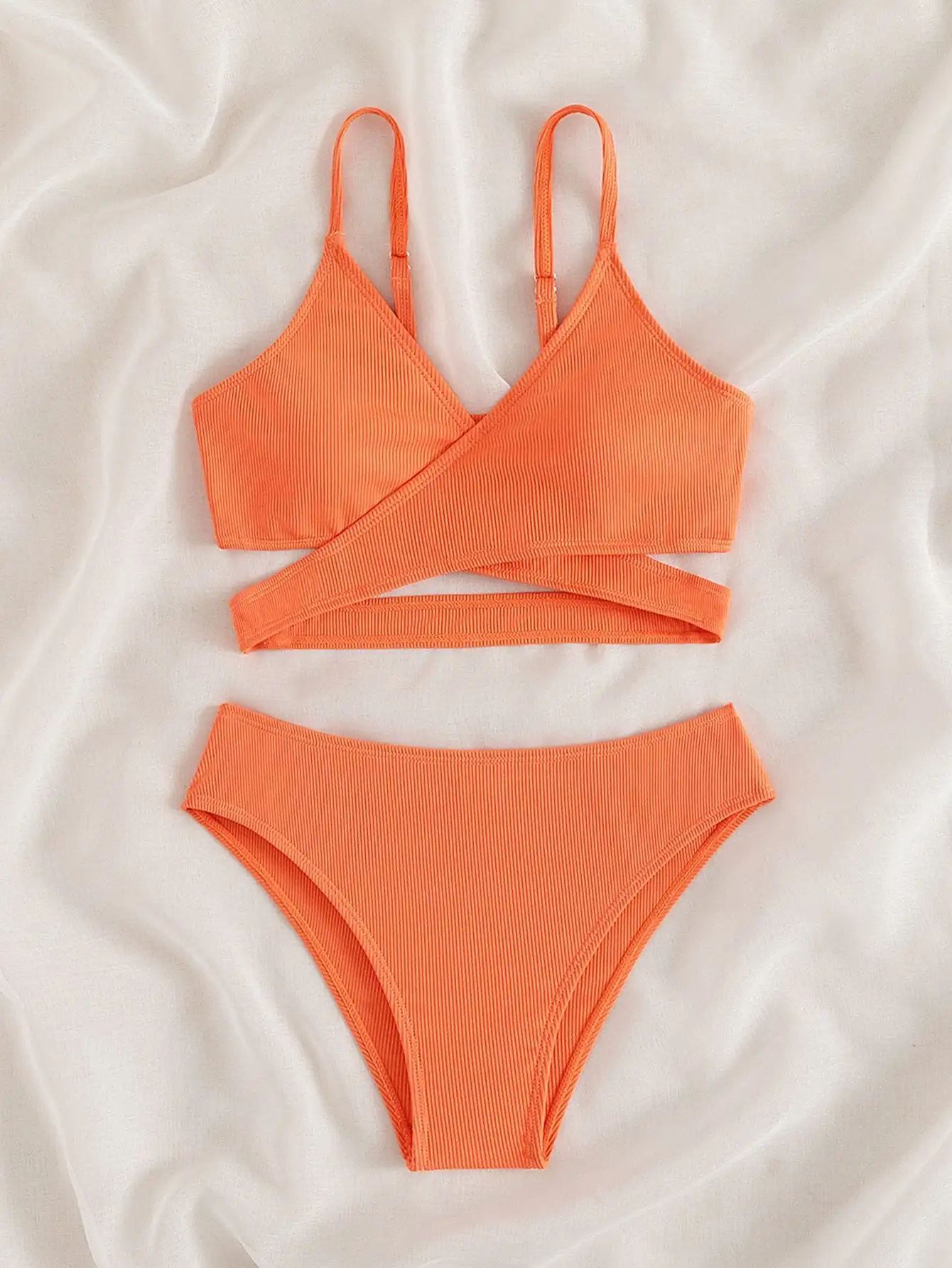 Children's Cross Backless Split Bikini Big Girls Solid Color High Waist Beach Vacation Swimsuit Suit