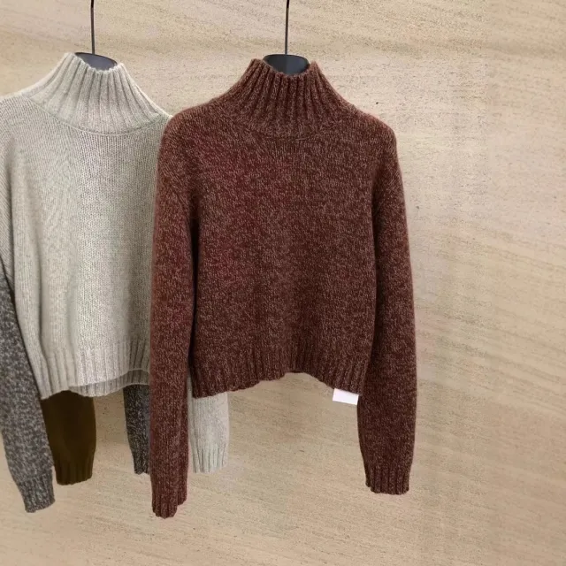 French Loose High Collar Short Section Cashmere Sweater Women Patterned Coffee - Shop at LoveMi