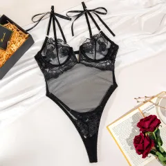V-neck Lace Embroidery Mesh Transparent Jumpsuit - Black - View 1