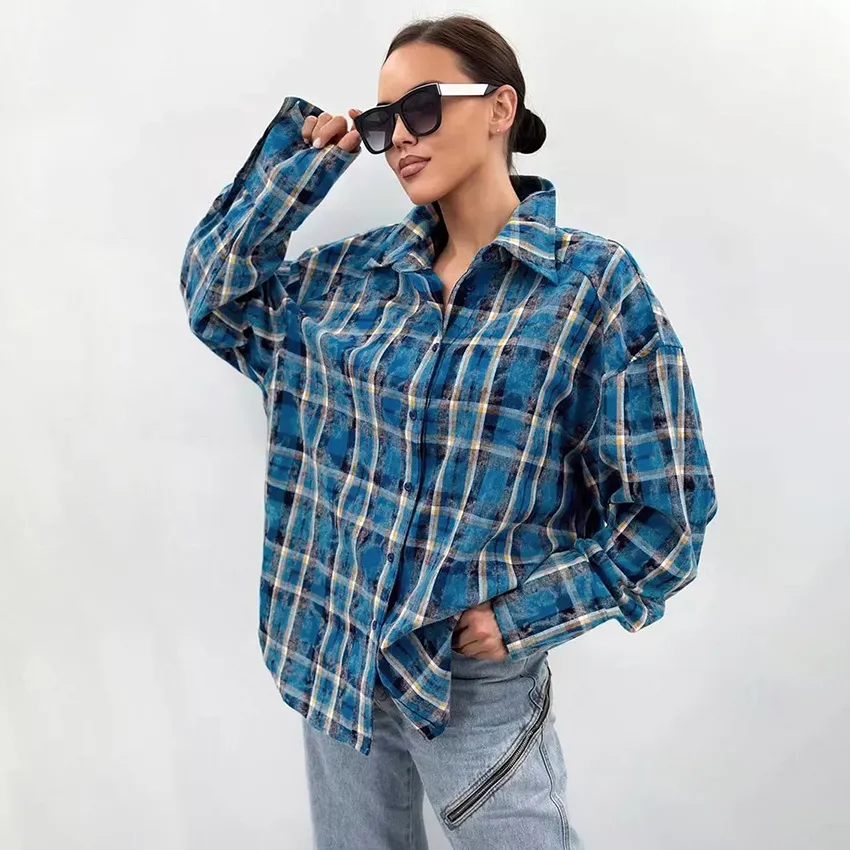 Distressed Retro Shirt Women's Mid-length - Plaid-S