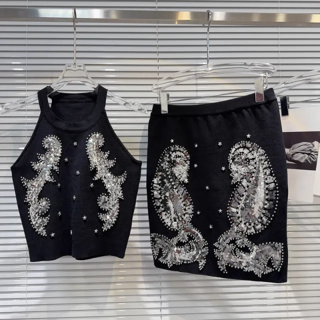 Niche Gaoding Silver Paillette Embroidered Knitted Vest Hip Skirt Suit Black - Shop at LoveMi