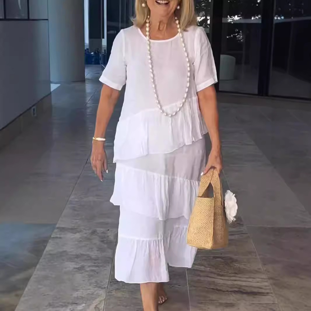 Women's Cotton And Linen Casual Solid Color Round Neck Dress White - Shop at LoveMi