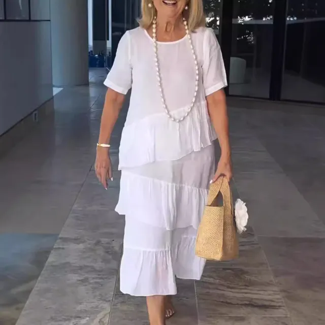 Women's Cotton And Linen Casual Solid Color Round Neck Dress White - Shop at LoveMi