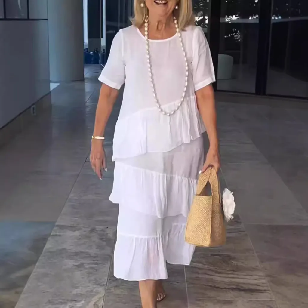 Women's Cotton And Linen Casual Solid Color Round Neck Dress - White