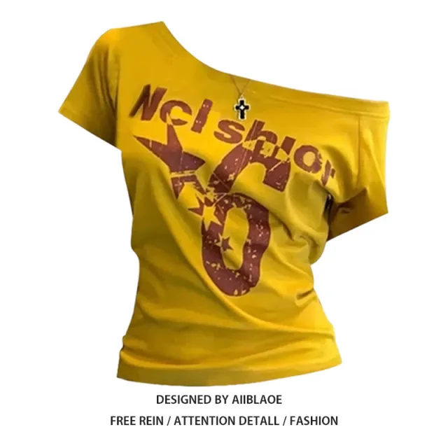 Oblique Shoulder Printed Short Sleeve Summer Slim fit Crop top Yellow - Shop at LoveMi