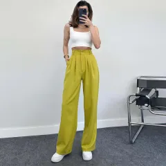 European And American Spring And Summer Casual Women's Elegant Straight High Waist Trousers - Green - View 1