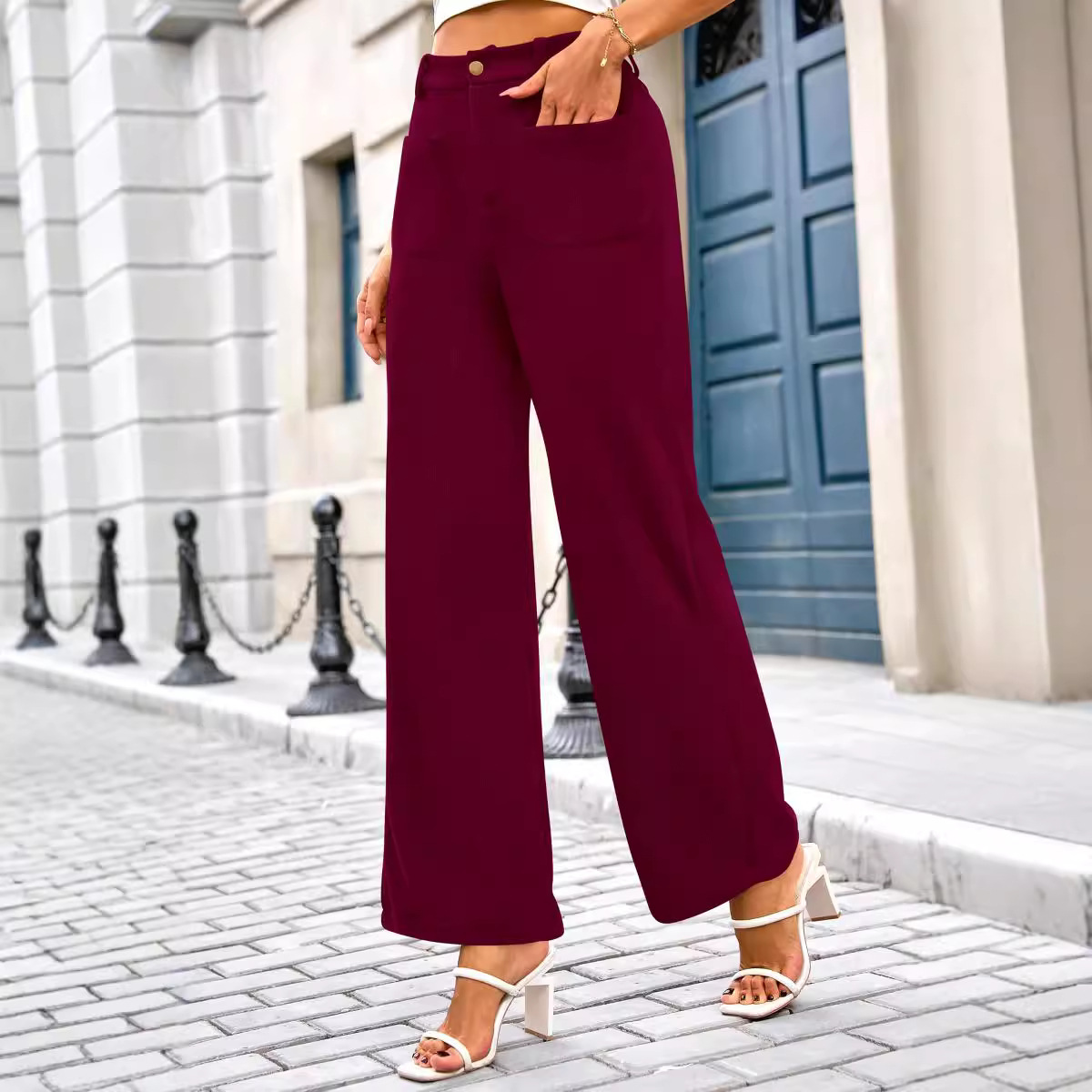 Stretch High Waist Button Wide Leg Pants