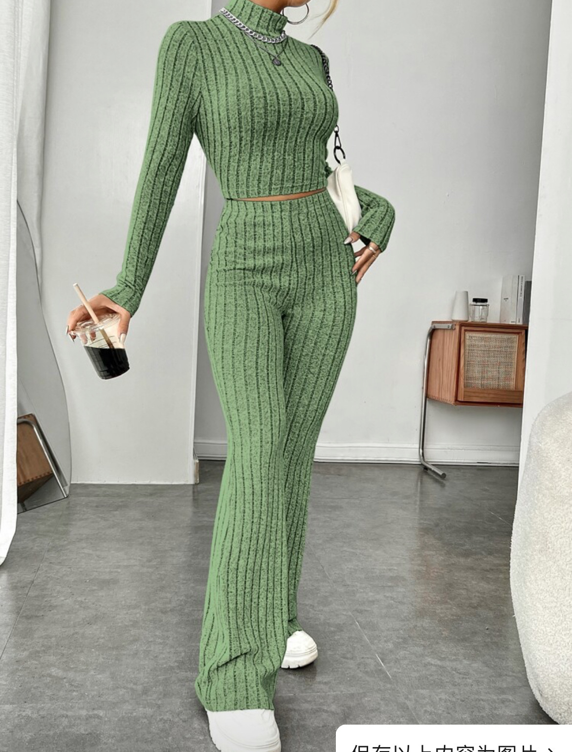 Turtleneck Wide Leg High Waist Trousers Suit. Product information: Pattern: solid color Fabric name: Cotton Color: Bean green, light gray, dark red, sapphire blue, navy blue, orange red, black Sleeve type: regular sleeve Pants length: trousers Main fabric