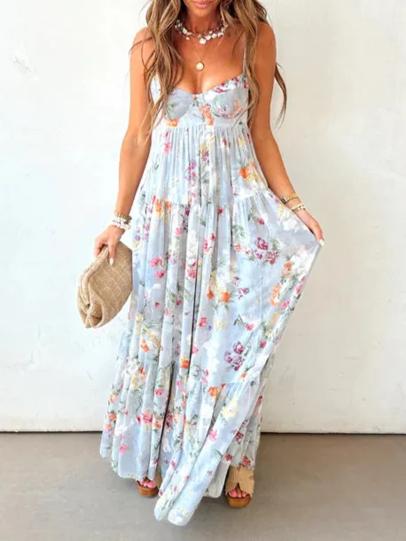 European And American Printed Sleeveless Backless Elegant Sling Dress Blue - Shop at LoveMi