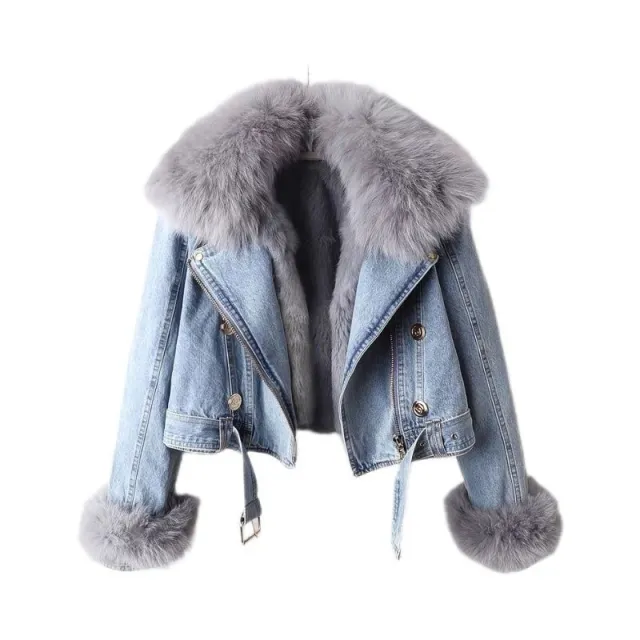 Detachable Fox Fur Rabbit Fur Liner Denim Coat Blue - Shop at LoveMi