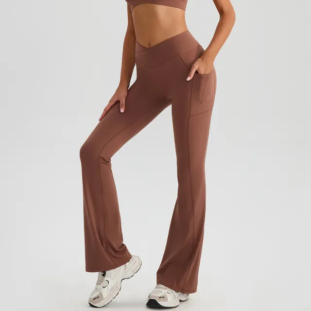 High waisted Hip lifting Yoga Pants With Wide Legs Brown - Shop at LoveMi