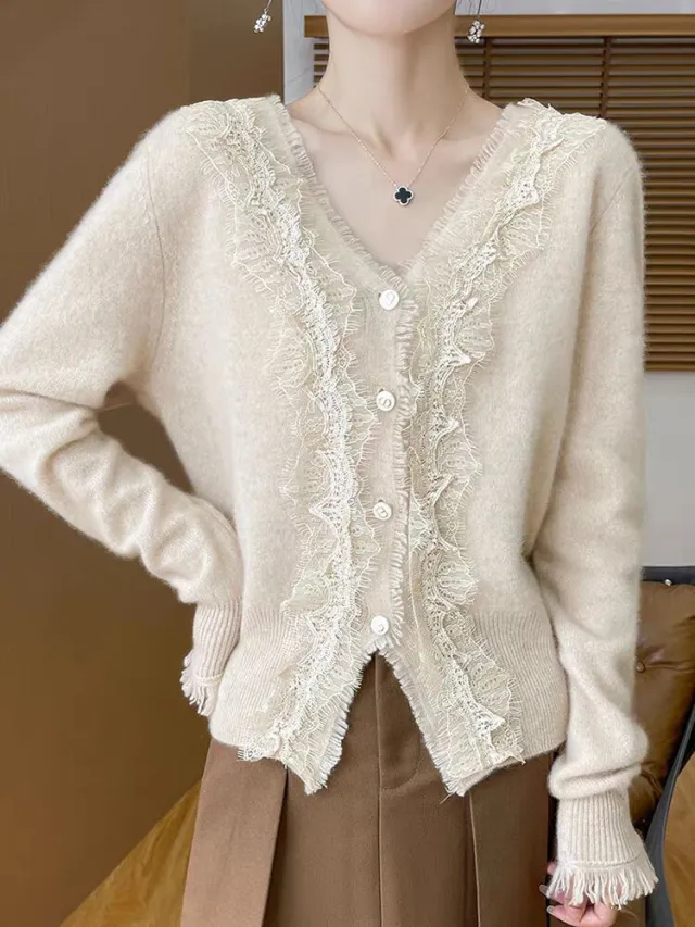 Autumn V neck Lace Cardigan Women's Top Camel - Shop at LoveMi