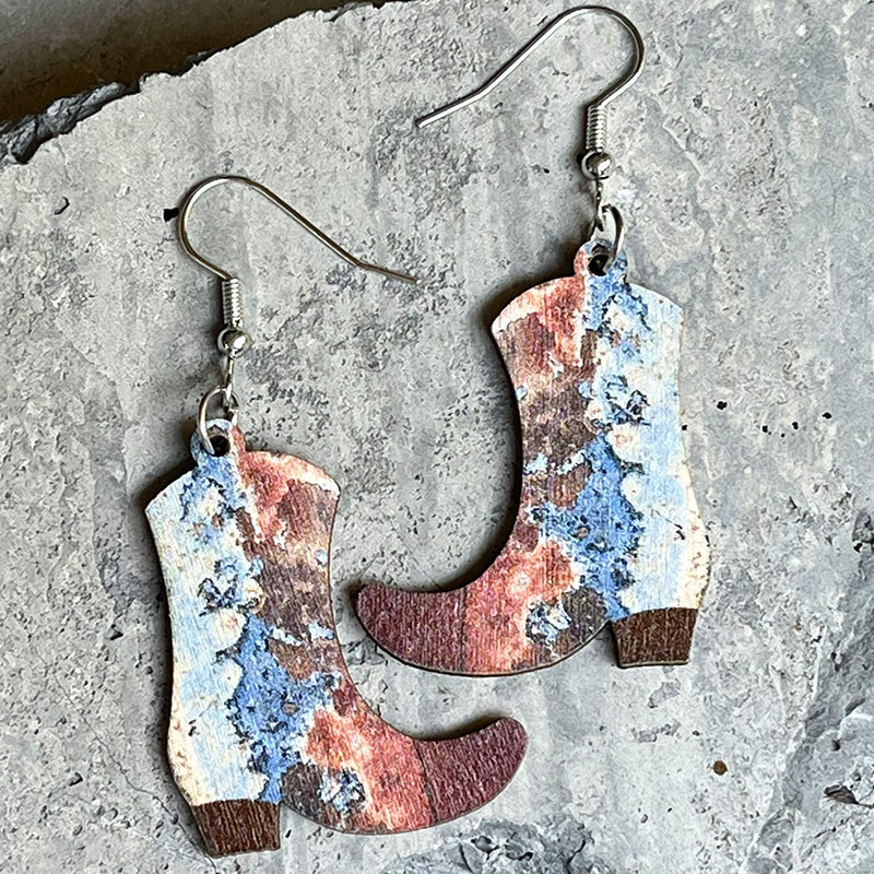 Western Denim Boots Floral Ethnic Style Wooden Vintage Floral Autumn Leaf Earrings