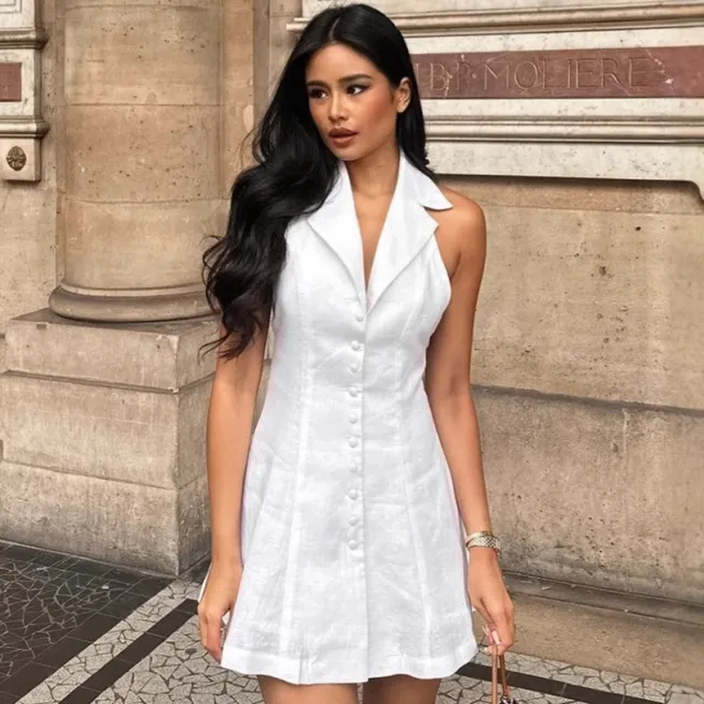 French Cotton And Linen New Halter Sexy Backless Dress White - Shop at LoveMi