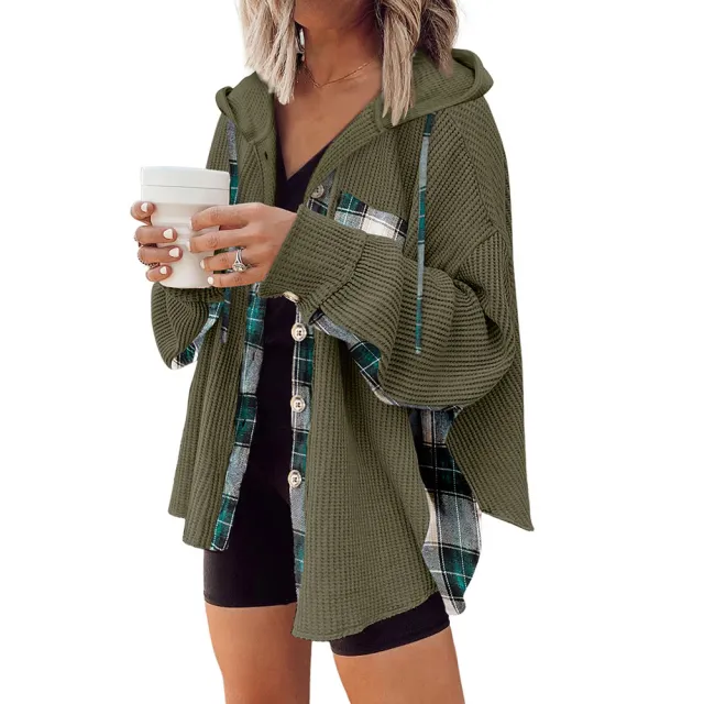 Plaid Casual Hooded Drawstring Coat Dark Green - Shop at LoveMi